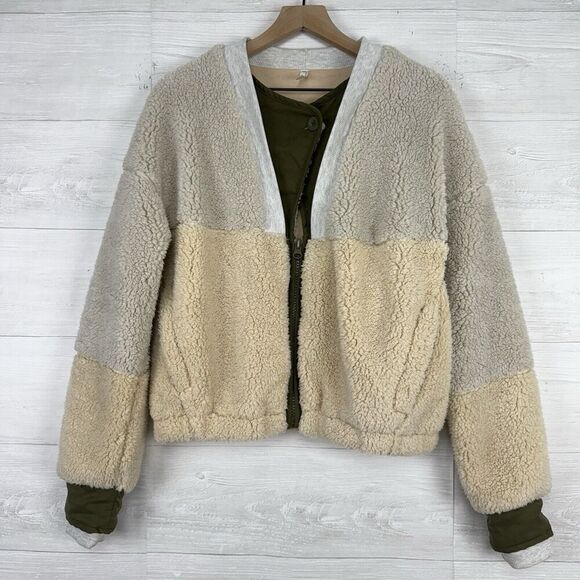 Free People Movement Jacket Women S Sherpa Fleece Full Zip Oversized Cream Green - Picture 16 of 16